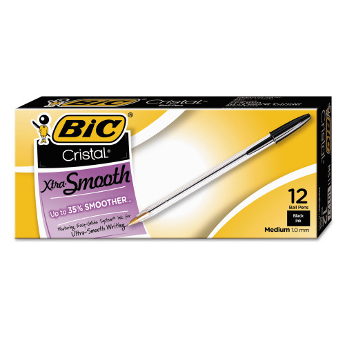 BIC Cristal Xtra Smooth Ballpoint Pen, Stick, Medium 1 mm, Black Ink, Clear Barrel, Dozen (MS11BK)