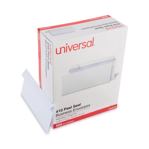Universal Peel Seal Strip Security Tint Business Envelope, #10, Square Flap, Self-Adhesive Closure, 4.25 x 9.63, White, 500/Box (UNV36105)